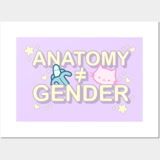 Anatomy Does Not Equal Gender - Kawaii Pastel Cat and Banana Typography Posters and Art